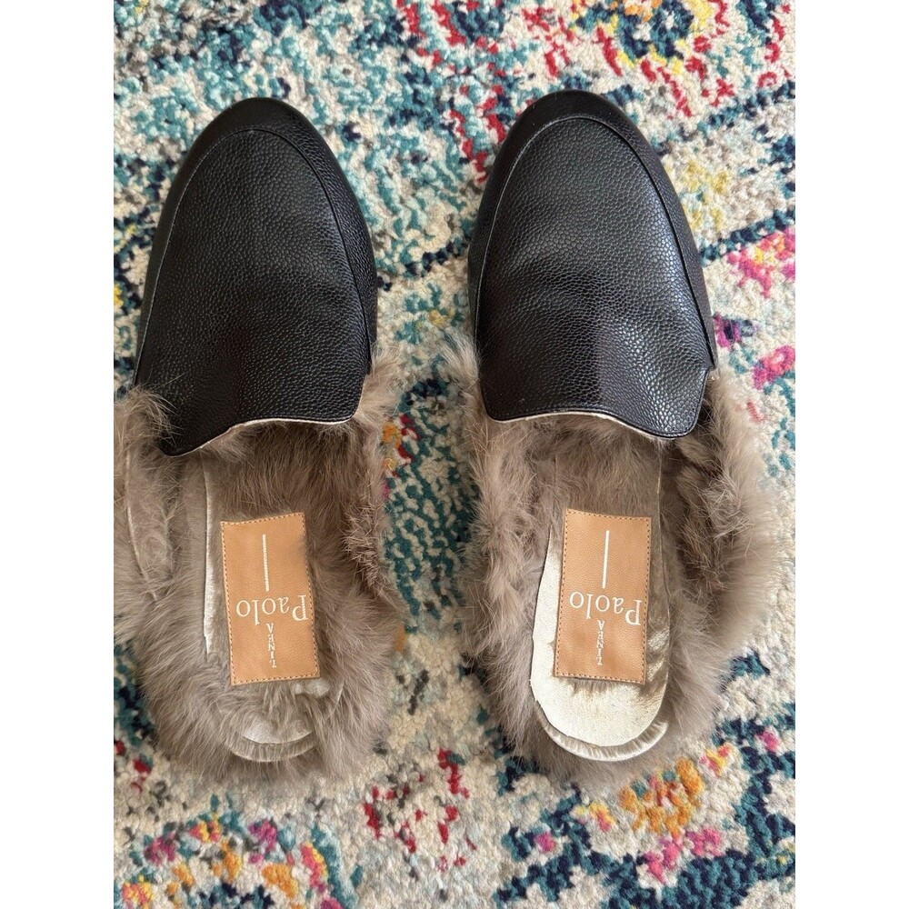 Linea Paolo Black Leather Mules‎ with Rabbit Fur Lining Women's Size 8.5M